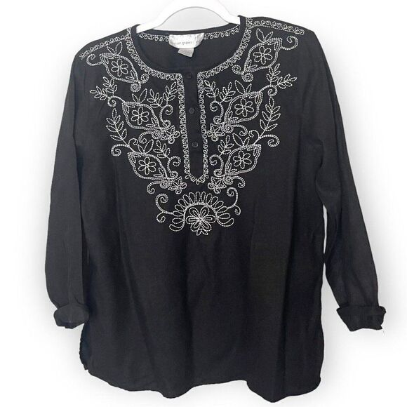 Susan Graver Tops - Susan Graver Style Embroidered Blouse Top Women's Medium Black Linen Blend Boho